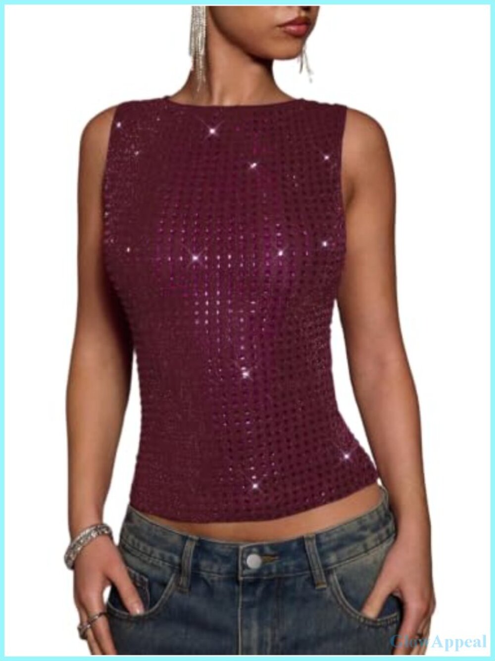 Sparkly Rhinestone Tank Top Glitter Sleeveless Slim Fit Party Top